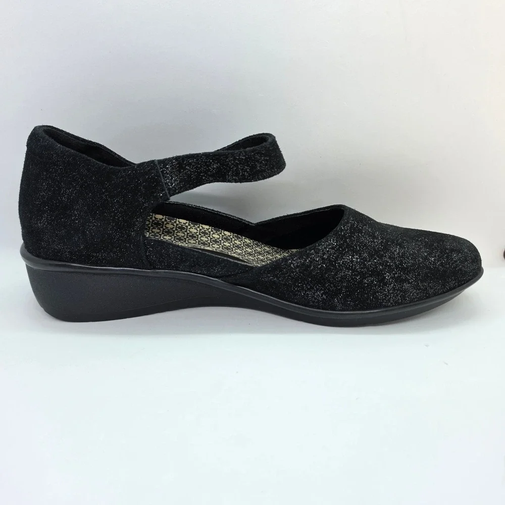 Revere Osaka Midnight Black Shimmer Leather Mary Jane Wedge Shoes US 10M EUR 41